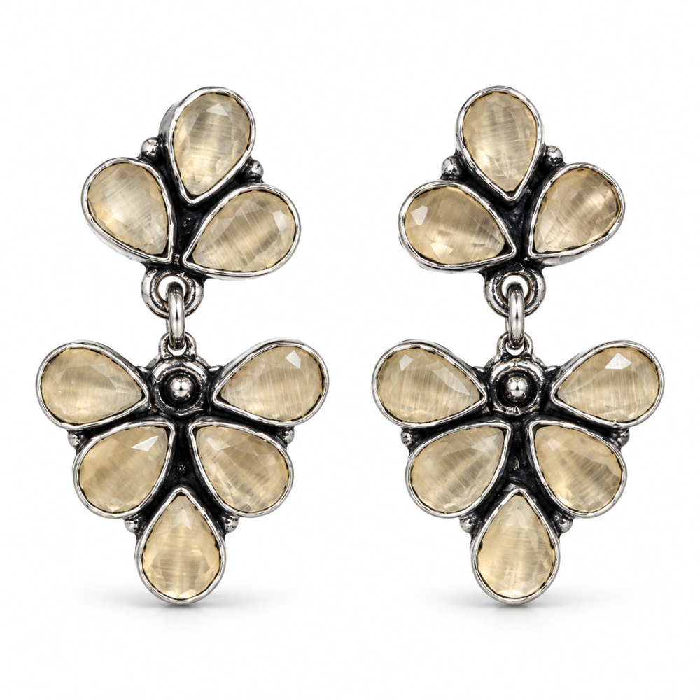 Stone Studded Oxidized Silver Dangle Earrings - Color: Peach