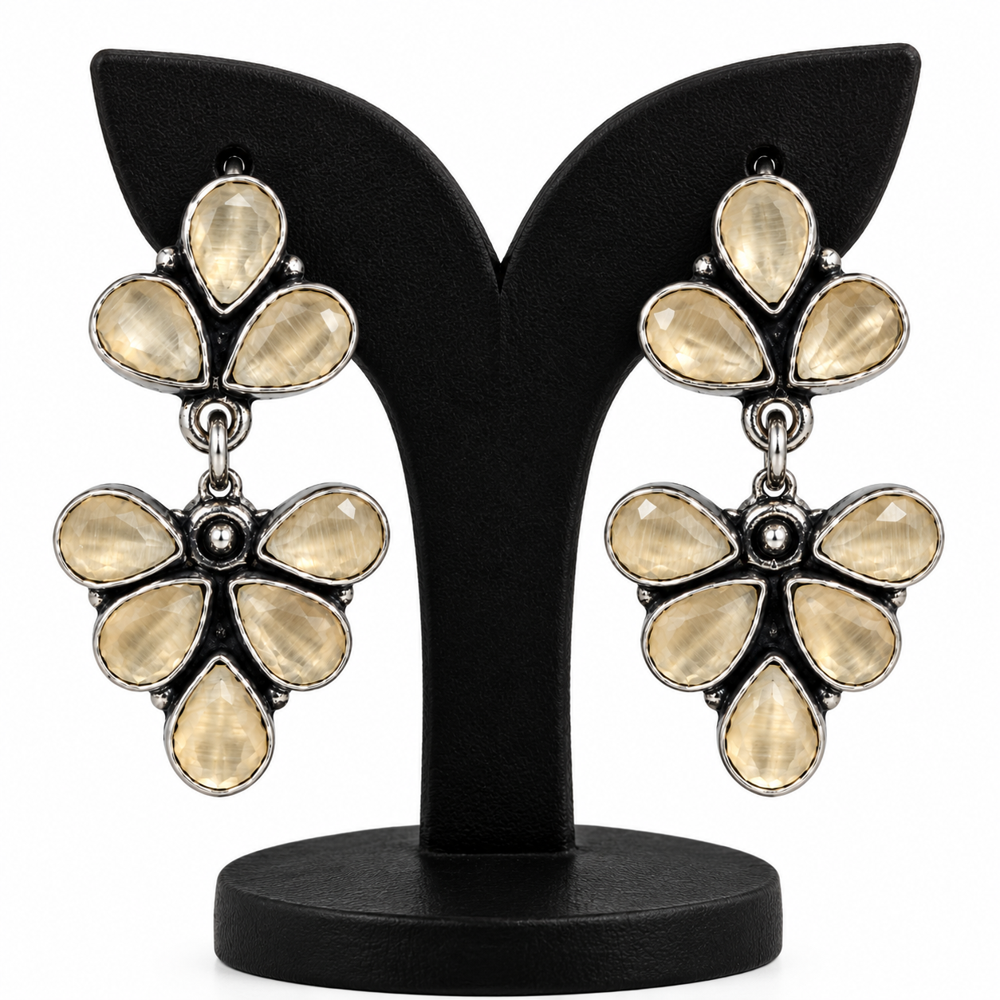 Stone Studded Oxidized Silver Dangle Earrings - Color: Peach