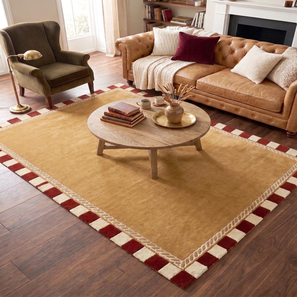 Mustard Yellow Hand Tufted Rug with Rust Brown and Cream Striped Border for Living Room Bedroom Decor