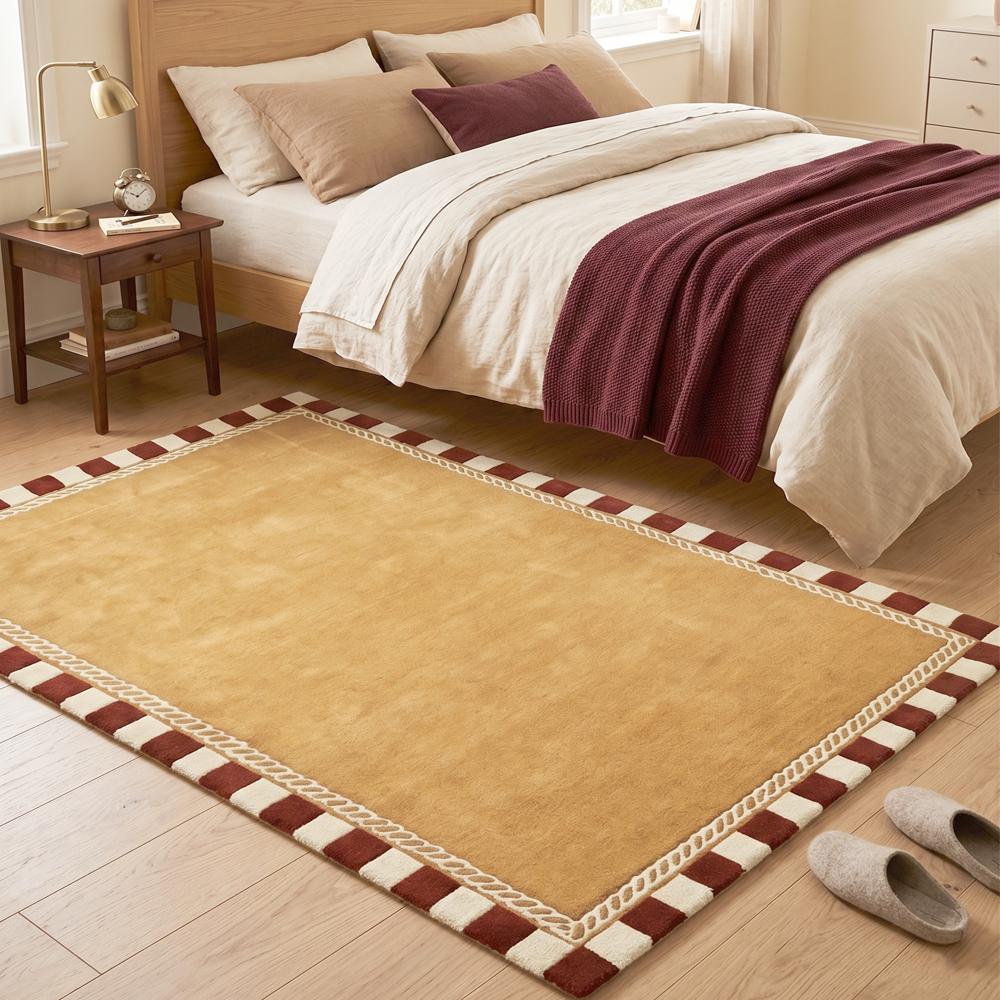 Mustard Yellow Hand Tufted Rug with Rust Brown and Cream Striped Border for Living Room Bedroom Decor