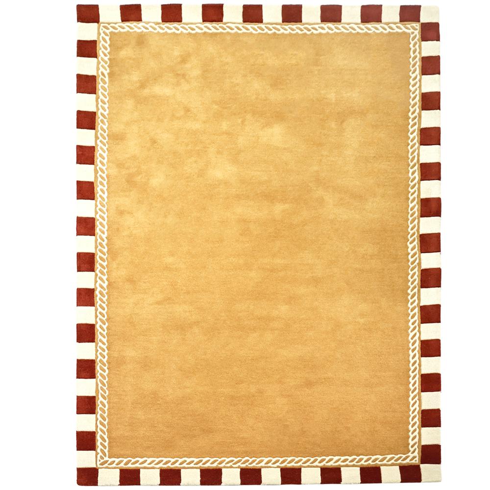 Mustard Yellow Hand Tufted Rug with Rust Brown and Cream Striped Border for Living Room Bedroom Decor