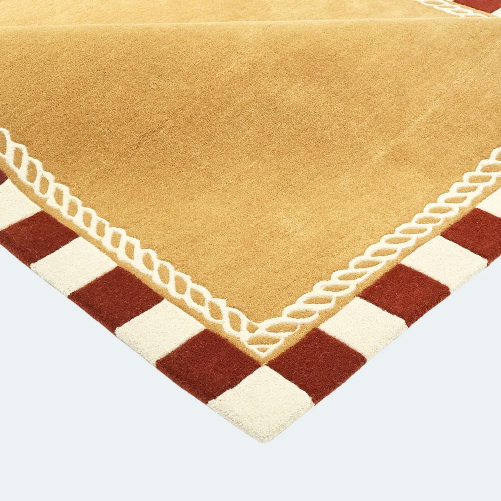 Mustard Yellow Hand Tufted Rug with Rust Brown and Cream Striped Border for Living Room Bedroom Decor