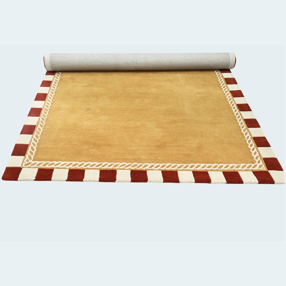 Mustard Yellow Hand Tufted Rug with Rust Brown and Cream Striped Border for Living Room Bedroom Decor