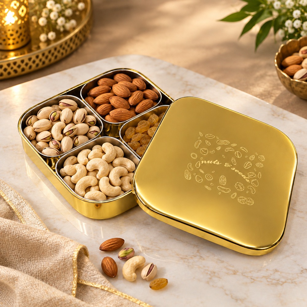 Nuts & Seeds Container (Dry Fruit Box) With Gold Pvd Coating - Surface Finish: Matt