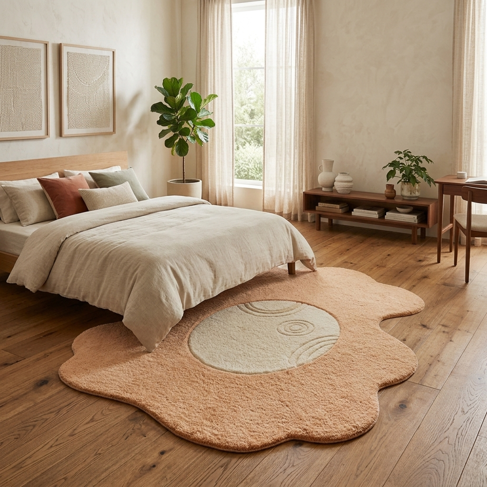 Peach and Cream Abstract Irregular Shaped Hand Tufted Rug with Modern Circular Design for Living Room Bedroom Decor