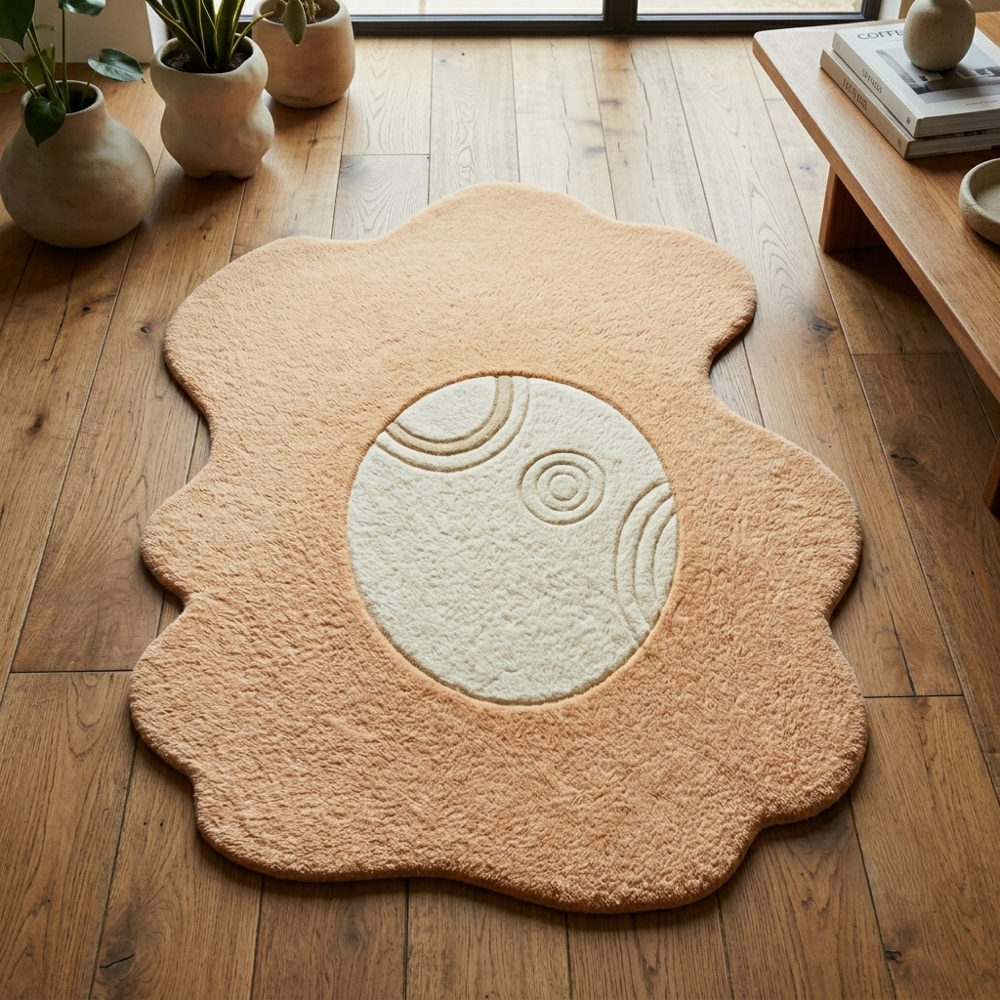 Peach and Cream Abstract Irregular Shaped Hand Tufted Rug with Modern Circular Design for Living Room Bedroom Decor