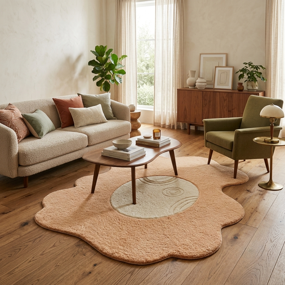 Peach and Cream Abstract Irregular Shaped Hand Tufted Rug with Modern Circular Design for Living Room Bedroom Decor