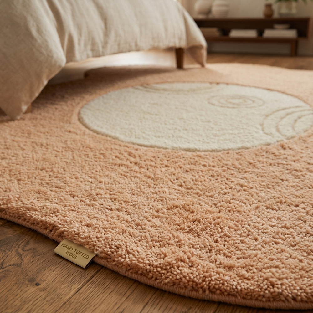 Peach and Cream Abstract Irregular Shaped Hand Tufted Rug with Modern Circular Design for Living Room Bedroom Decor