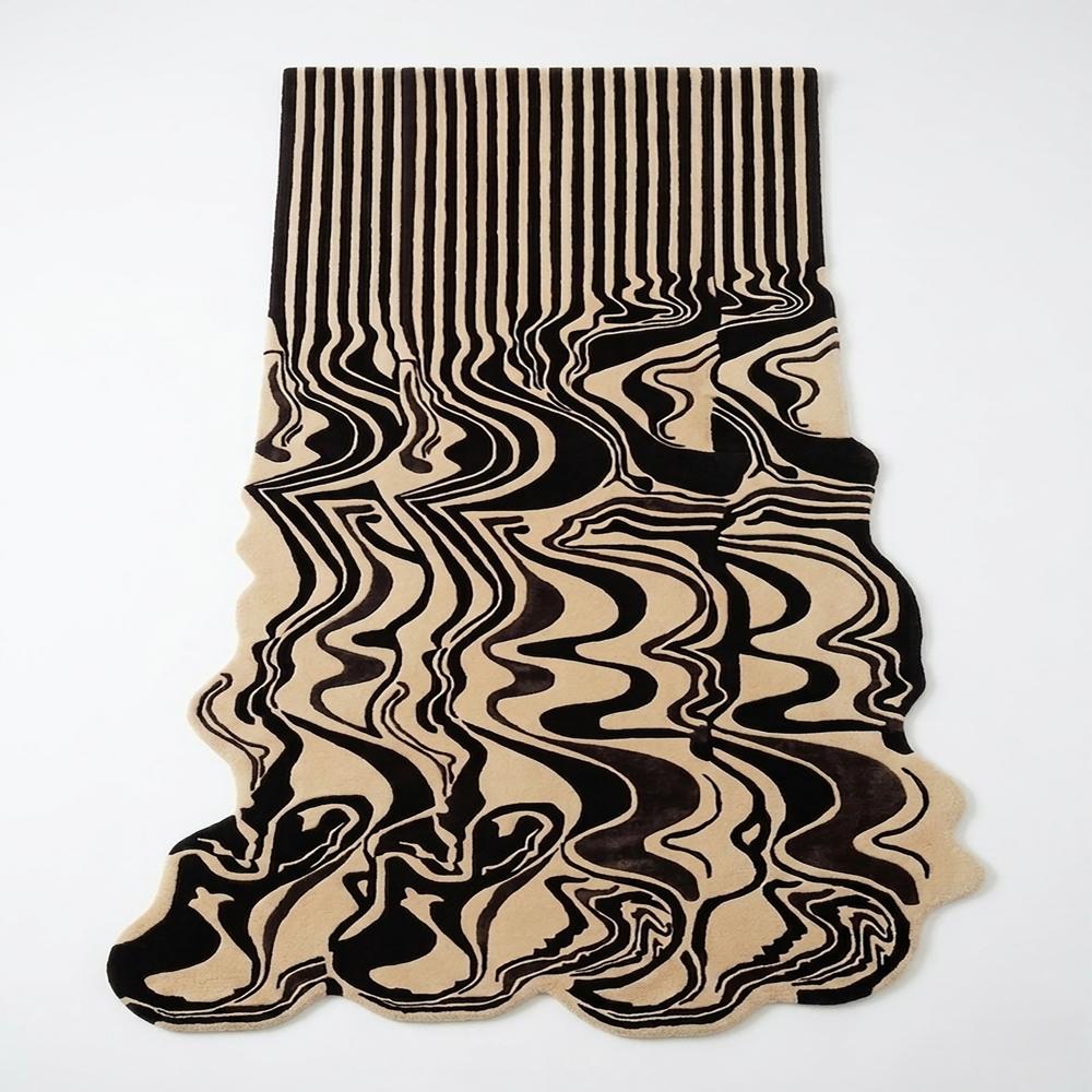 Modern Black and Beige Abstract Wavy Hand Tufted Runner Rug for Hallway Living Room Bedroom Decor