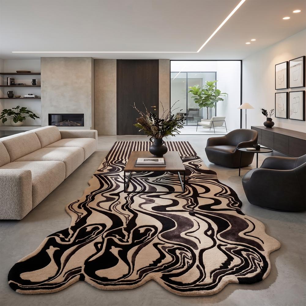 Modern Black and Beige Abstract Wavy Hand Tufted Runner Rug for Hallway Living Room Bedroom Decor