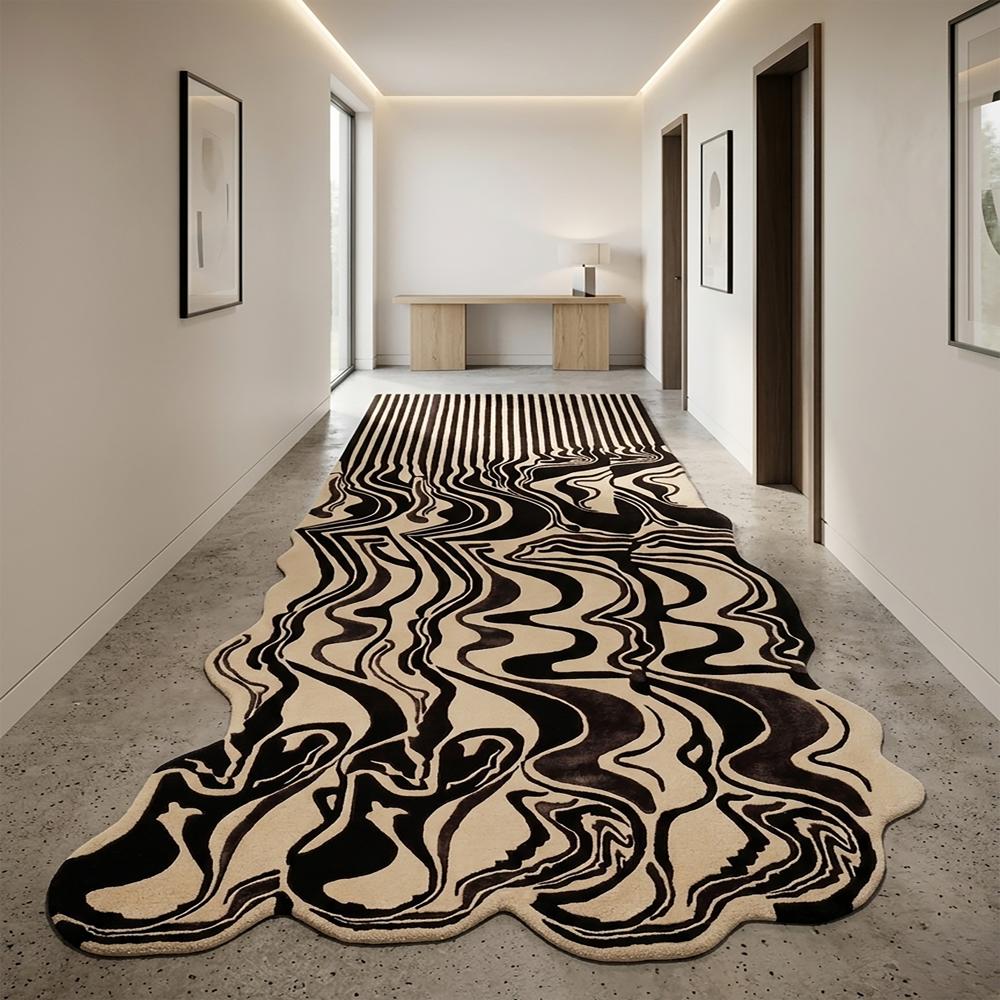 Modern Black and Beige Abstract Wavy Hand Tufted Runner Rug for Hallway Living Room Bedroom Decor