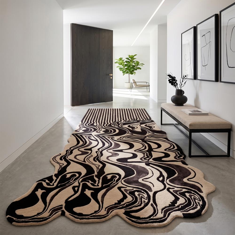Modern Black and Beige Abstract Wavy Hand Tufted Runner Rug for Hallway Living Room Bedroom Decor