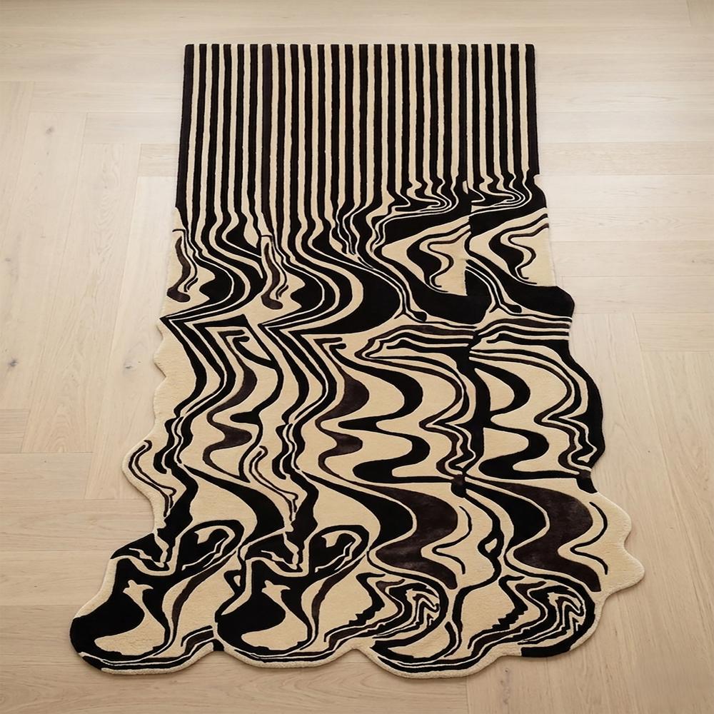 Modern Black and Beige Abstract Wavy Hand Tufted Runner Rug for Hallway Living Room Bedroom Decor