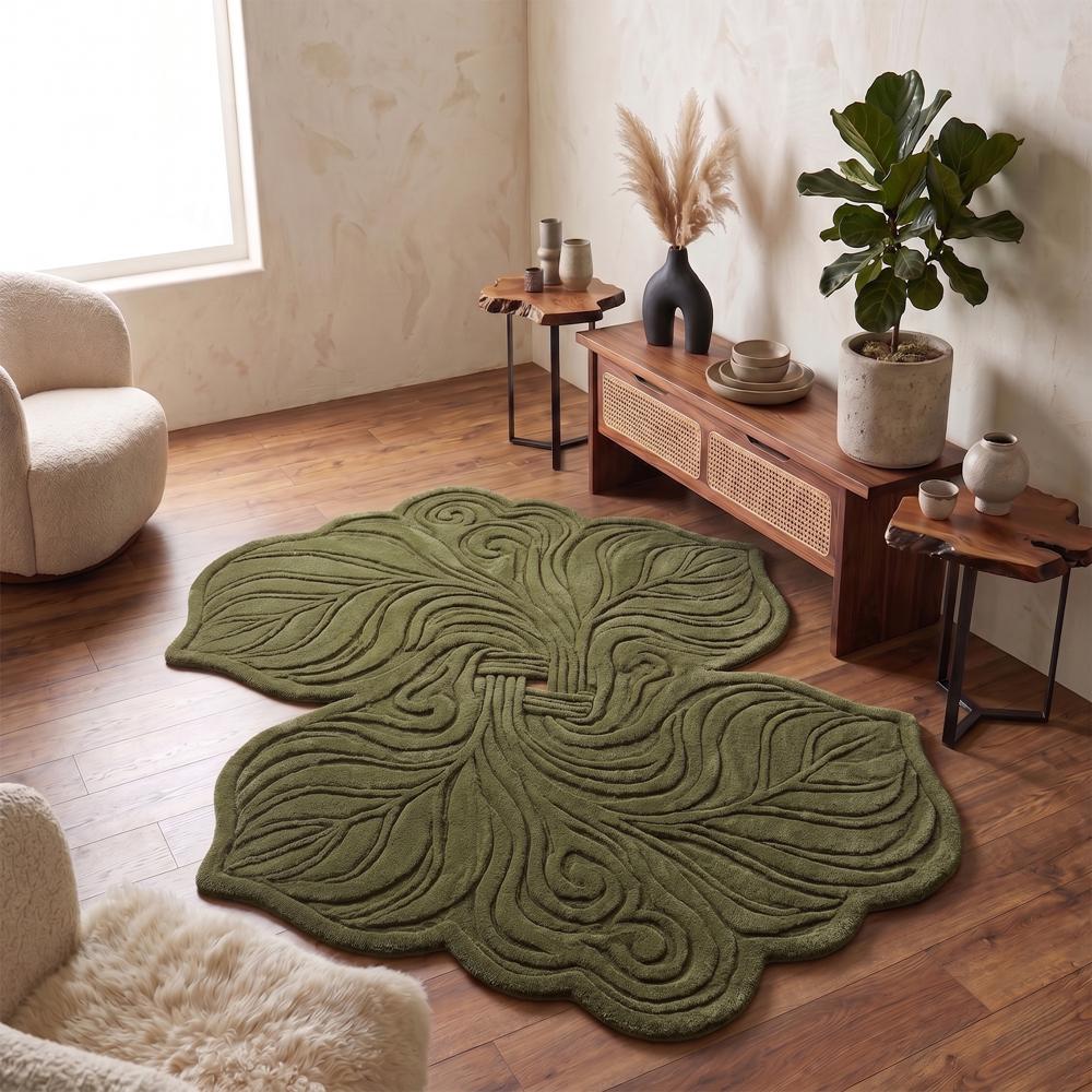 Hand Tufted Olive Green Leaf Shape Wool Rug Handmade Modern Floral Carpet for Living Room Bedroom Decor