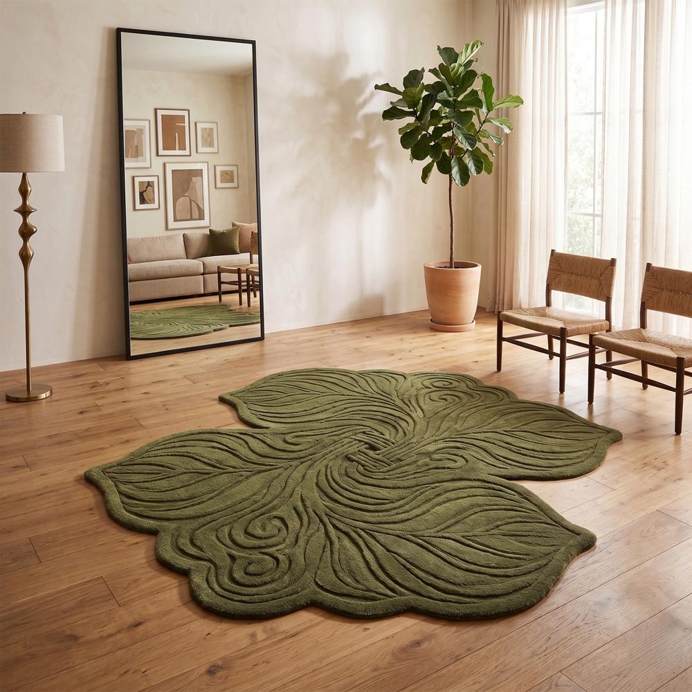 Hand Tufted Olive Green Leaf Shape Wool Rug Handmade Modern Floral Carpet for Living Room Bedroom Decor
