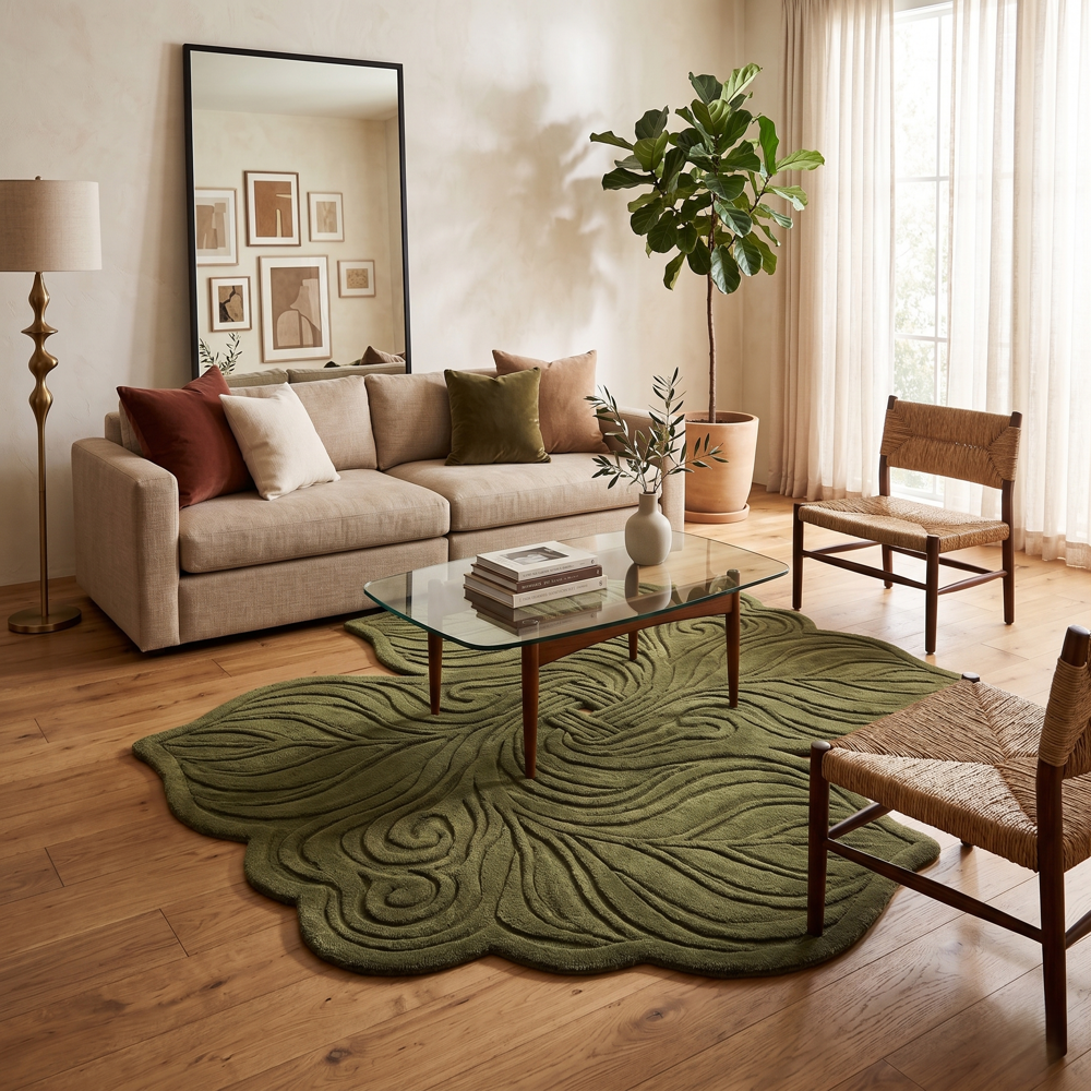 Hand Tufted Olive Green Leaf Shape Wool Rug Handmade Modern Floral Carpet for Living Room Bedroom Decor