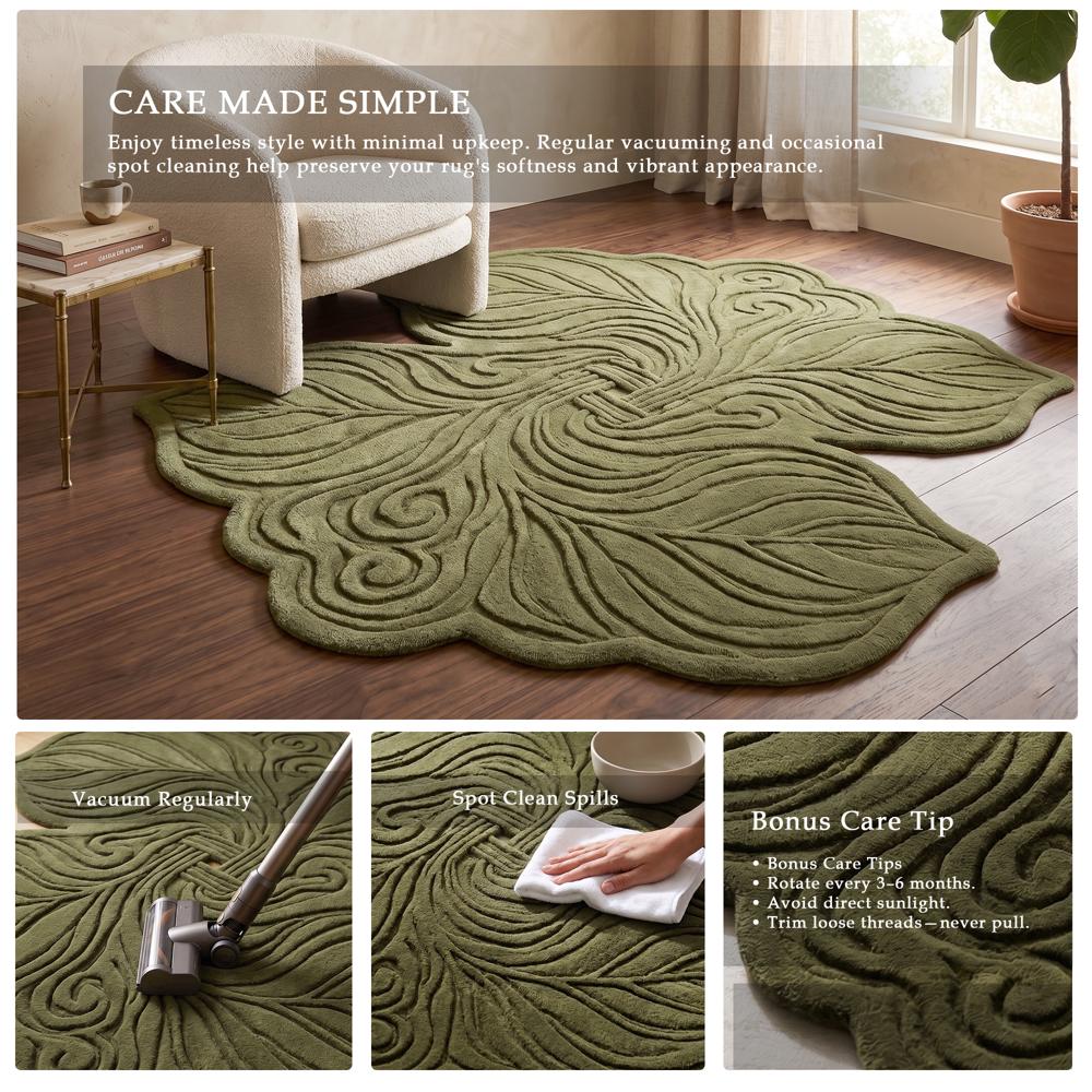 Hand Tufted Olive Green Leaf Shape Wool Rug Handmade Modern Floral Carpet for Living Room Bedroom Decor