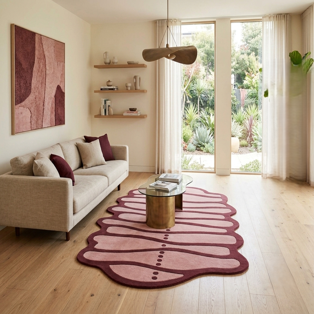 Hand Tufted Pink and Brown Abstract Irregular Shape Wool Rug Modern Artistic Area Carpet for Living Room Bedroom Decor