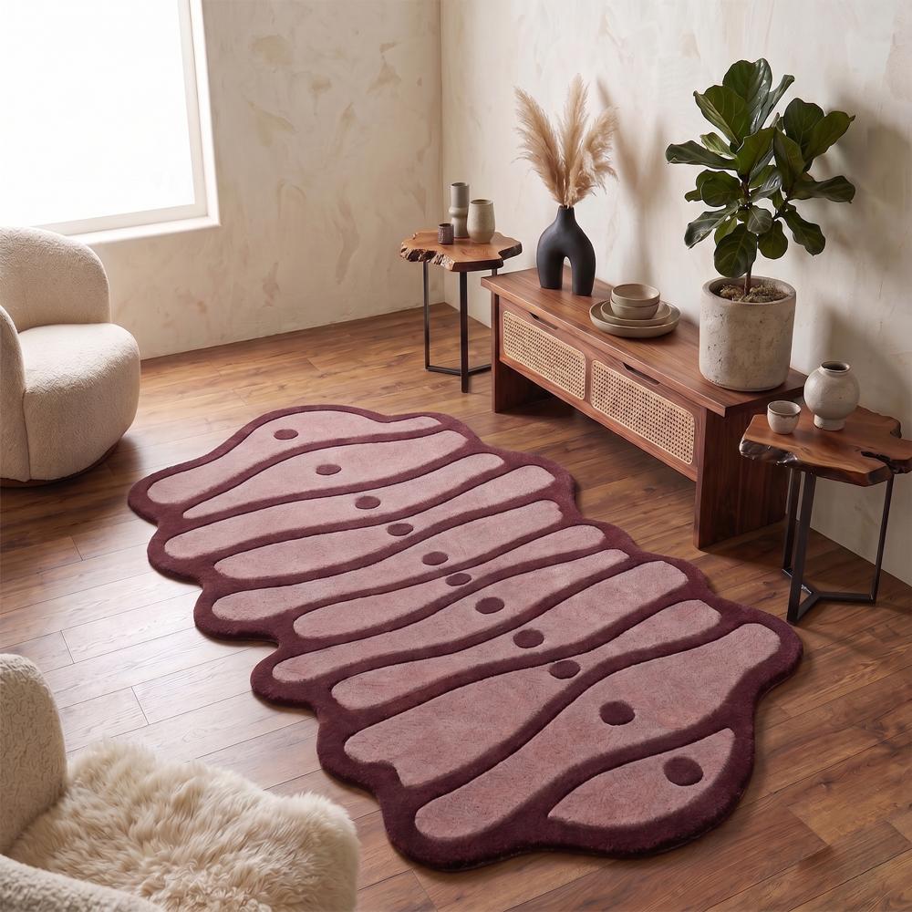 Hand Tufted Pink and Brown Abstract Irregular Shape Wool Rug Modern Artistic Area Carpet for Living Room Bedroom Decor
