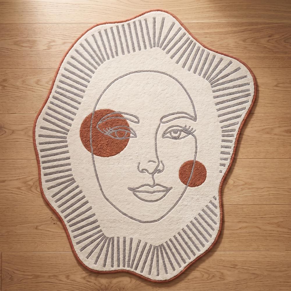 Hand Tufted Abstract Face Shape Wool Rug Cream Brown Modern Artistic Carpet for Living Room Bedroom Decor