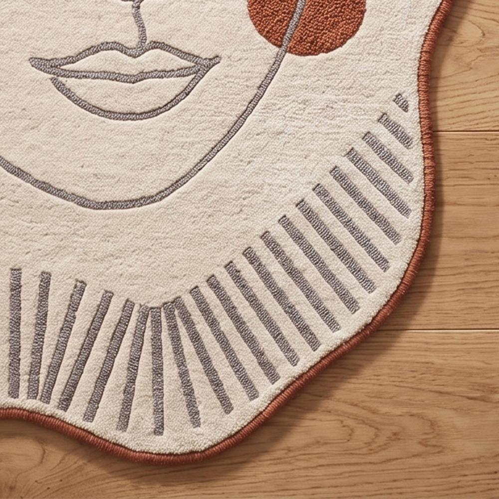 Hand Tufted Abstract Face Shape Wool Rug Cream Brown Modern Artistic Carpet for Living Room Bedroom Decor