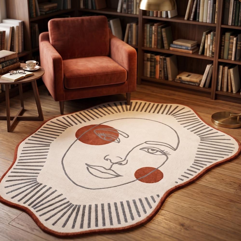 Hand Tufted Abstract Face Shape Wool Rug Cream Brown Modern Artistic Carpet for Living Room Bedroom Decor