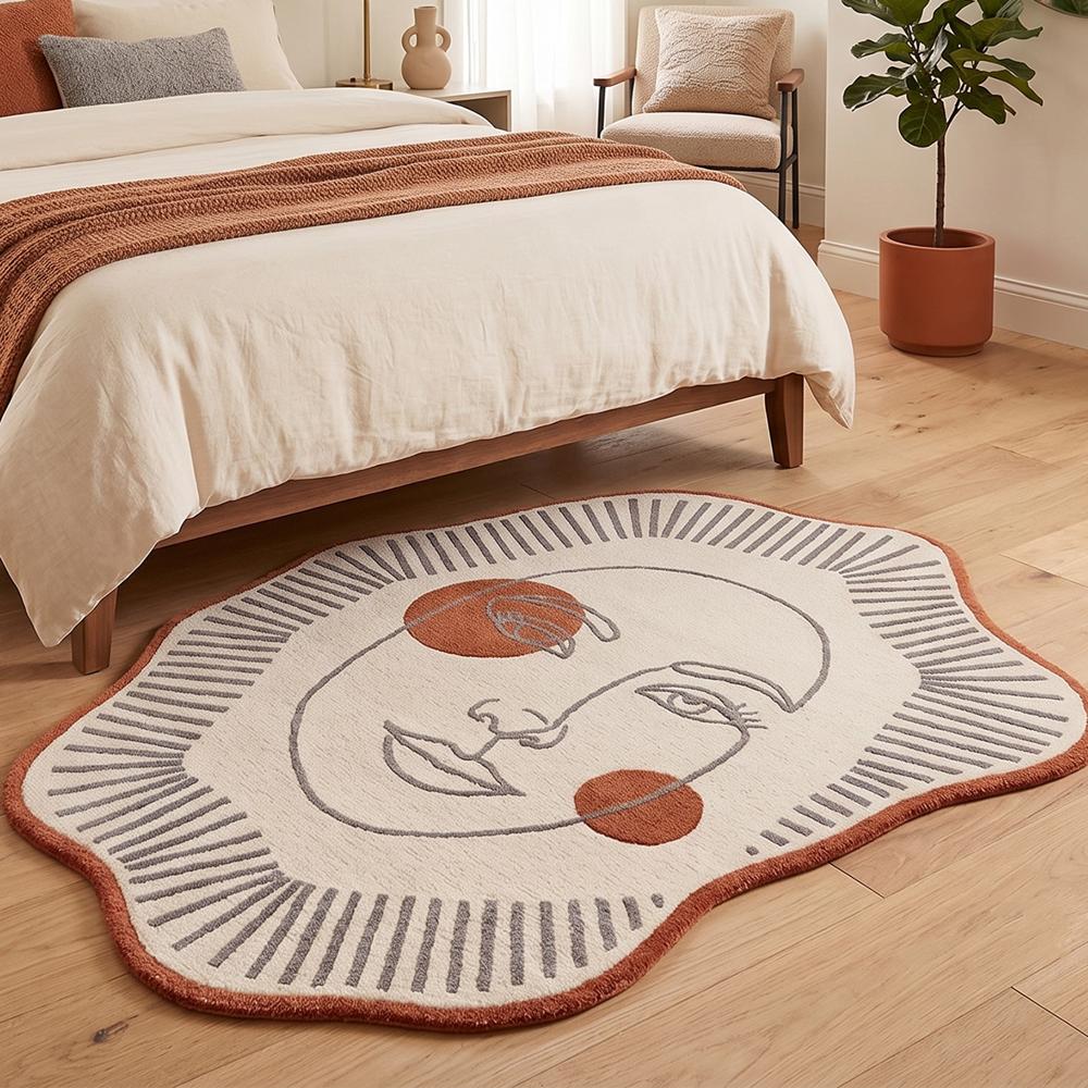 Hand Tufted Abstract Face Shape Wool Rug Cream Brown Modern Artistic Carpet for Living Room Bedroom Decor
