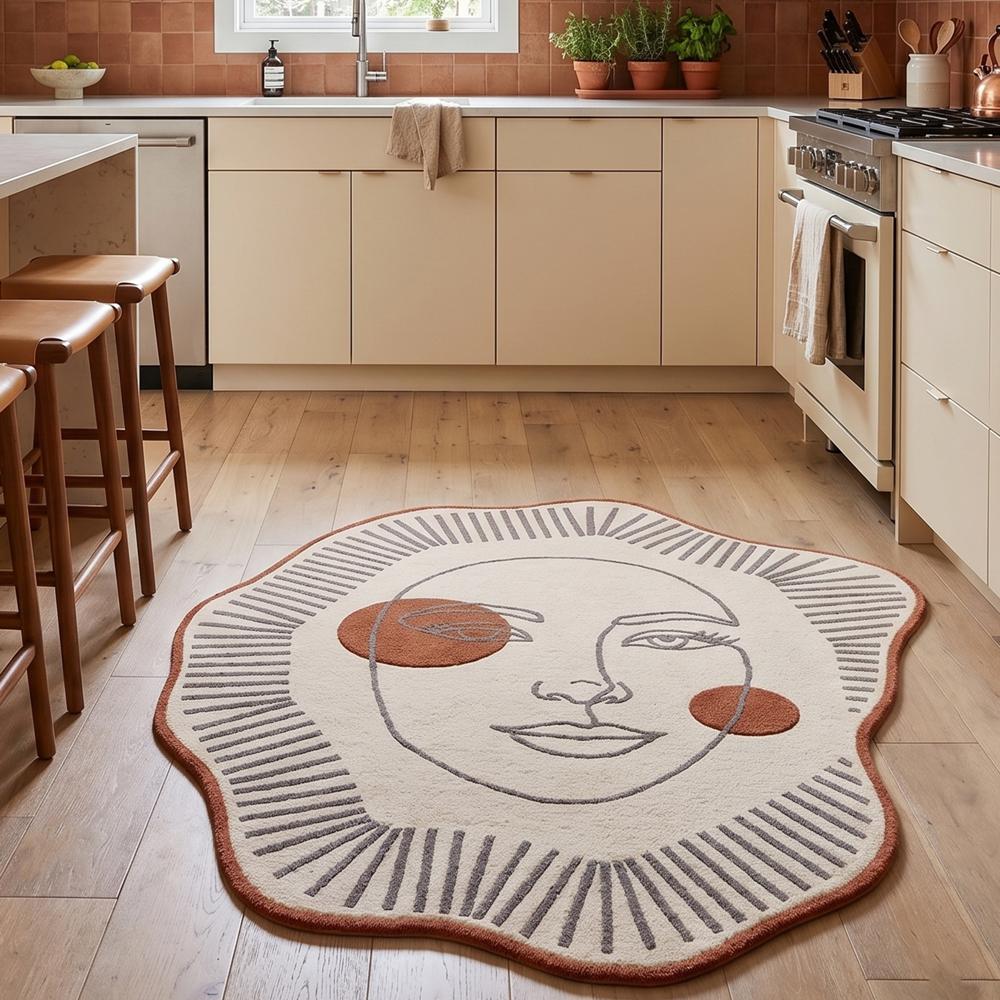Hand Tufted Abstract Face Shape Wool Rug Cream Brown Modern Artistic Carpet for Living Room Bedroom Decor