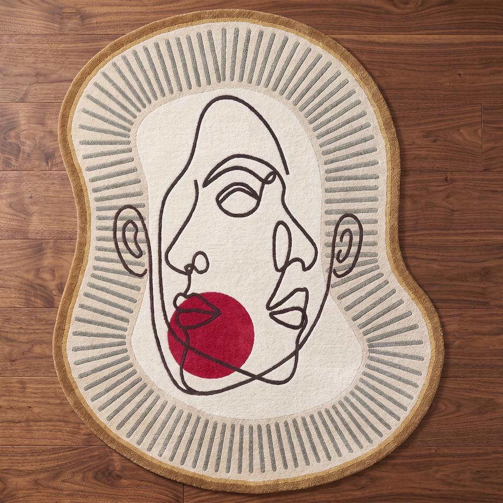 Hand Tufted Abstract Face Shape Wool Rug Cream Brown Red Modern Artistic Irregular Area Carpet for Living Room Bedroom Decor