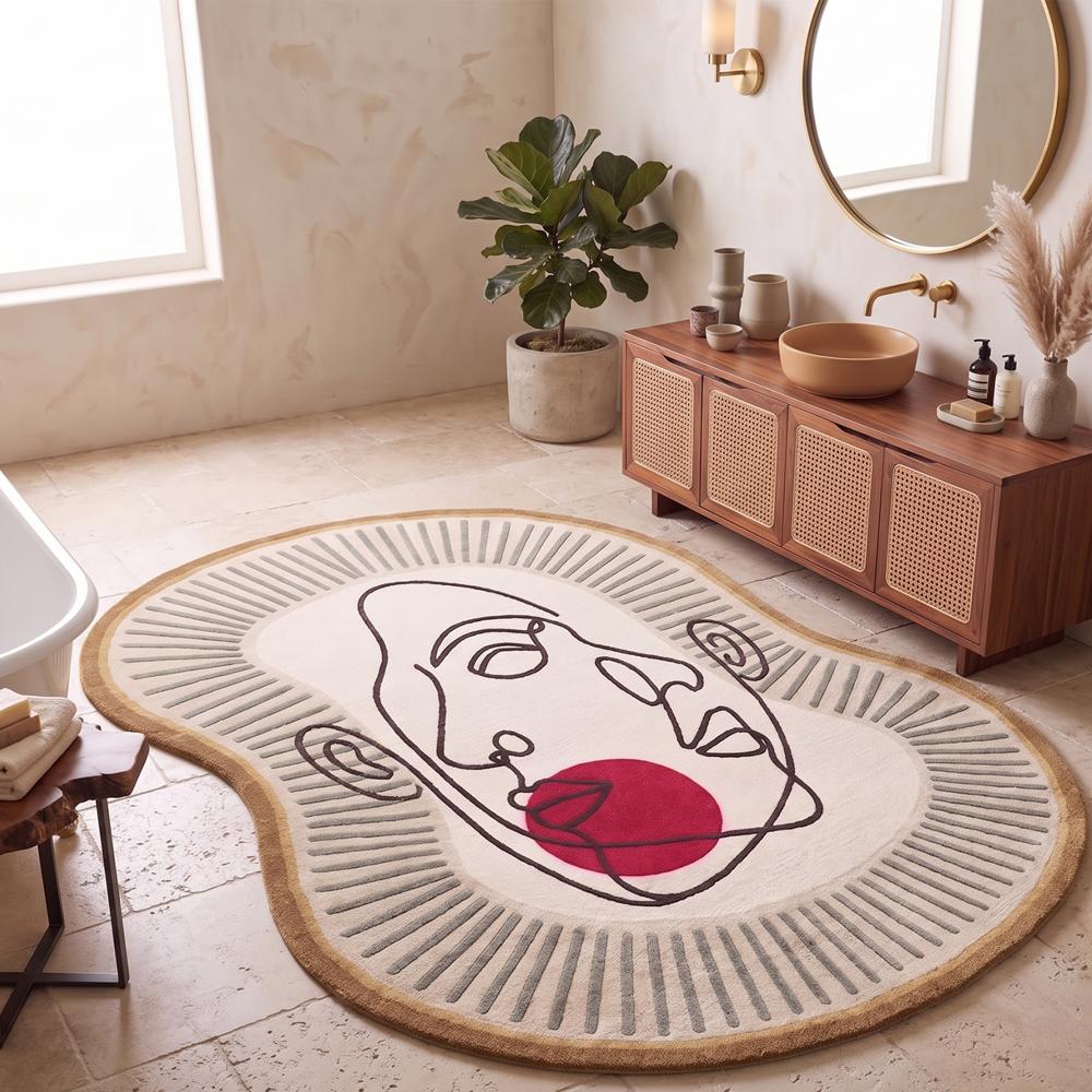 Hand Tufted Abstract Face Shape Wool Rug Cream Brown Red Modern Artistic Irregular Area Carpet for Living Room Bedroom Decor