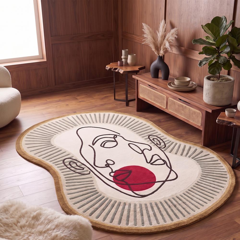 Hand Tufted Abstract Face Shape Wool Rug Cream Brown Red Modern Artistic Irregular Area Carpet for Living Room Bedroom Decor