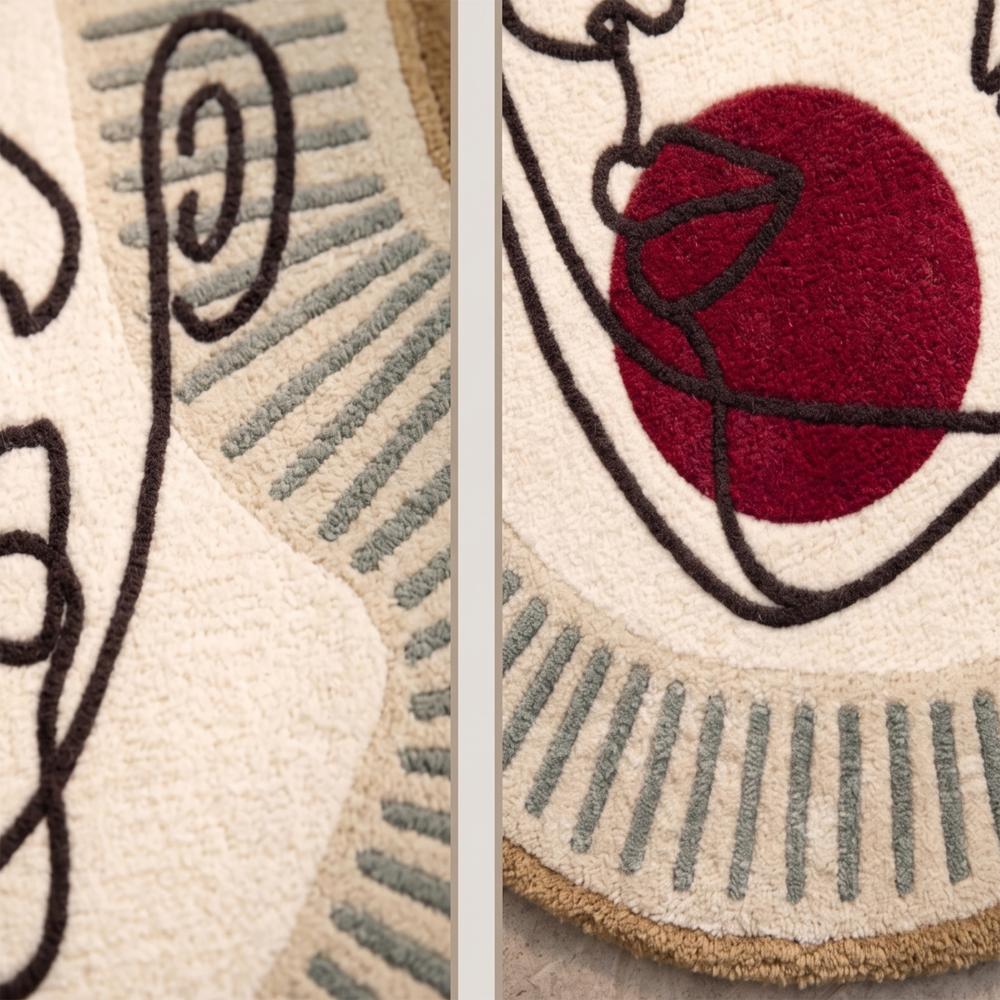 Hand Tufted Abstract Face Shape Wool Rug Cream Brown Red Modern Artistic Irregular Area Carpet for Living Room Bedroom Decor