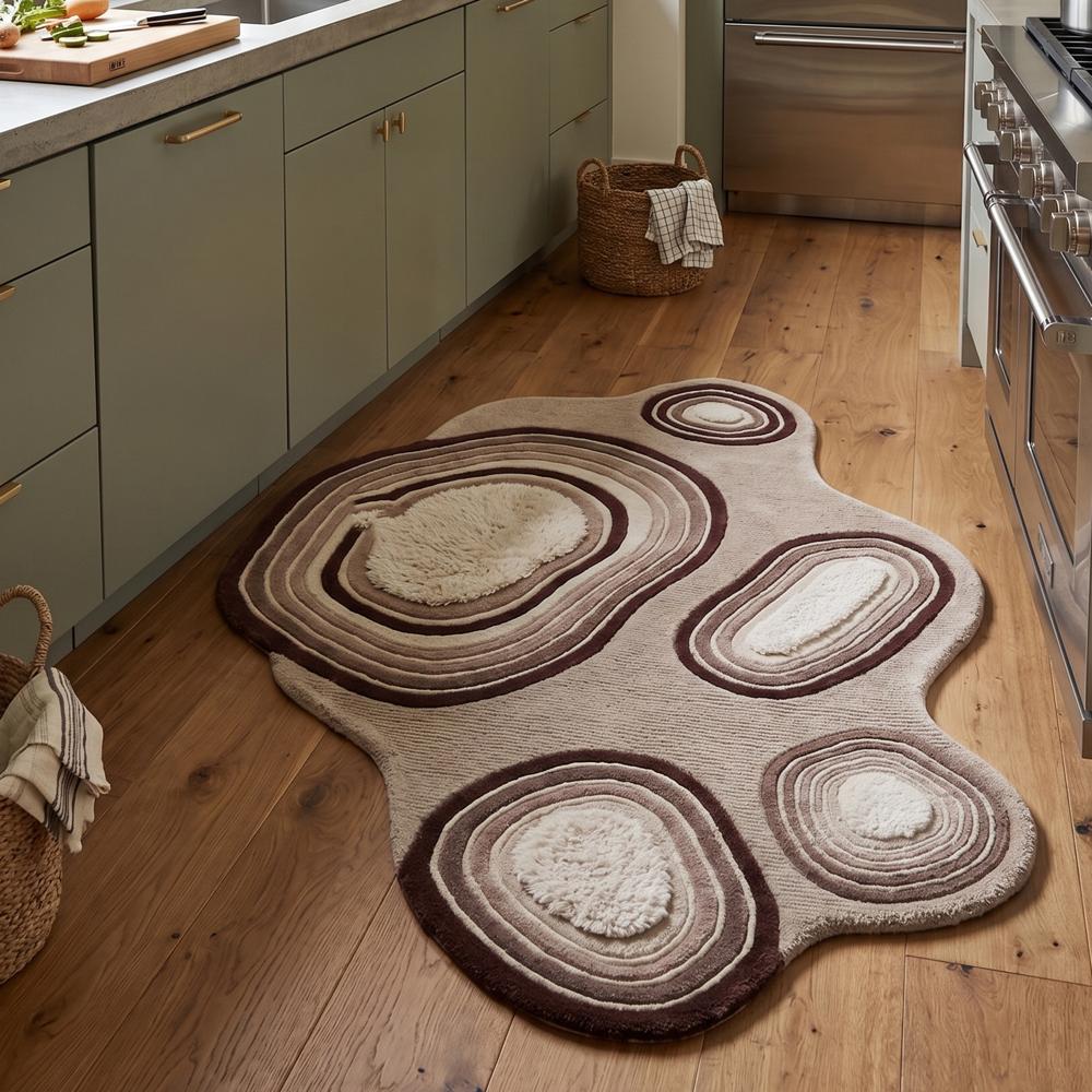 Hand Tufted Brown and Cream Abstract Irregular Shape Wool Rug Modern 3D Textured Handmade Carpet for Living Room Bedroom Decor