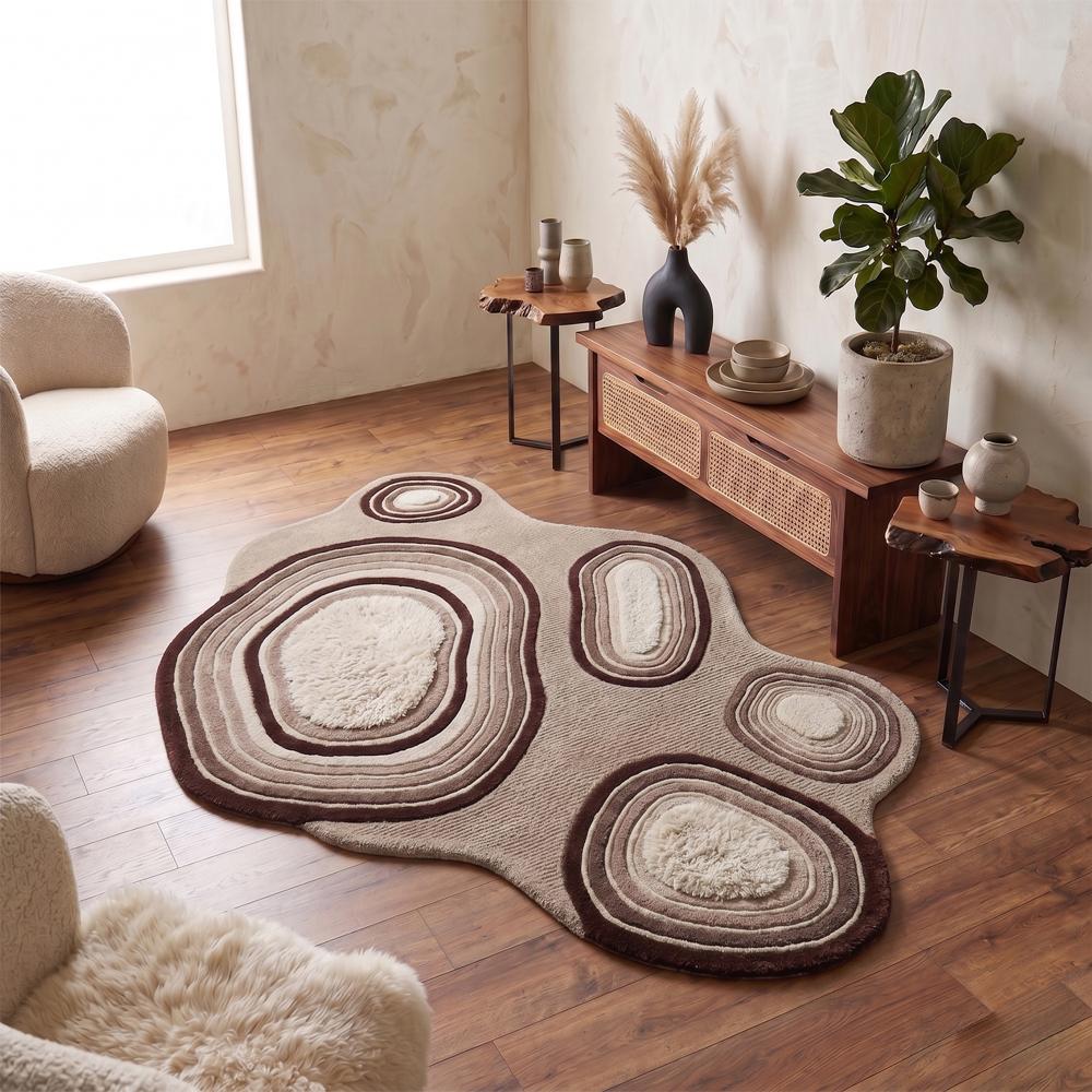 Hand Tufted Brown and Cream Abstract Irregular Shape Wool Rug Modern 3D Textured Handmade Carpet for Living Room Bedroom Decor