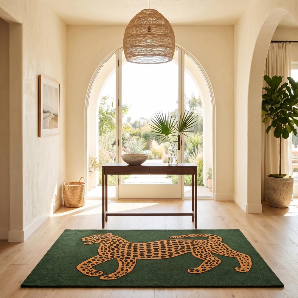 Handmade Modern Leopard Motif Tufted Wool Rug - Forest Green & Gold
