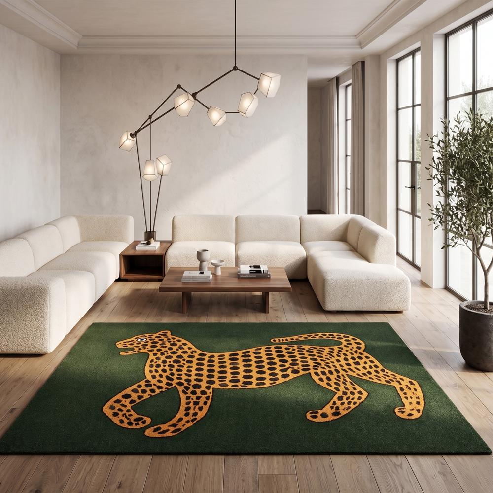 Handmade Modern Leopard Motif Tufted Wool Rug - Forest Green & Gold