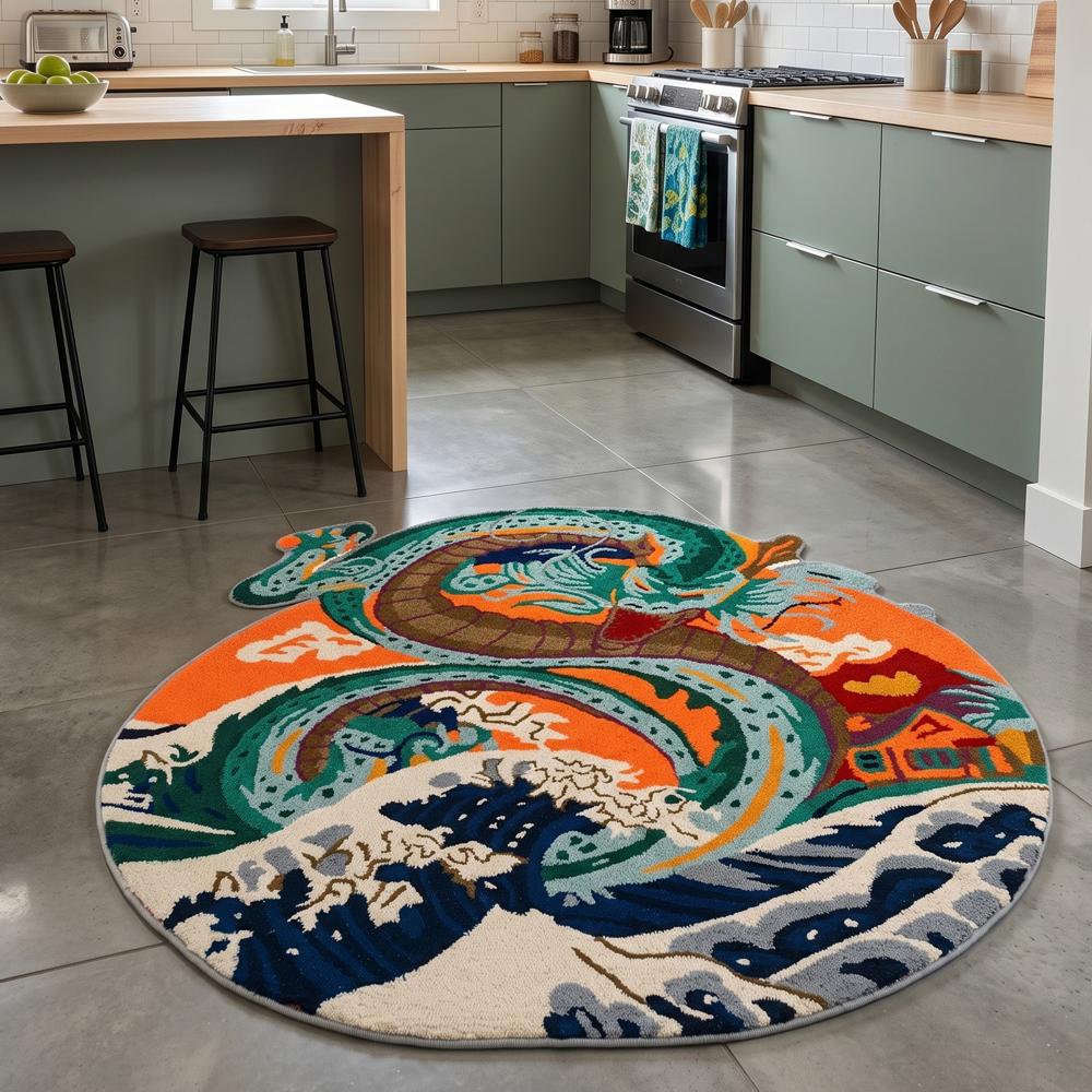 Hand-Tufted Japanese Dragon & Great Wave Round Wool Rug - Backing Material: Canvas Latex
