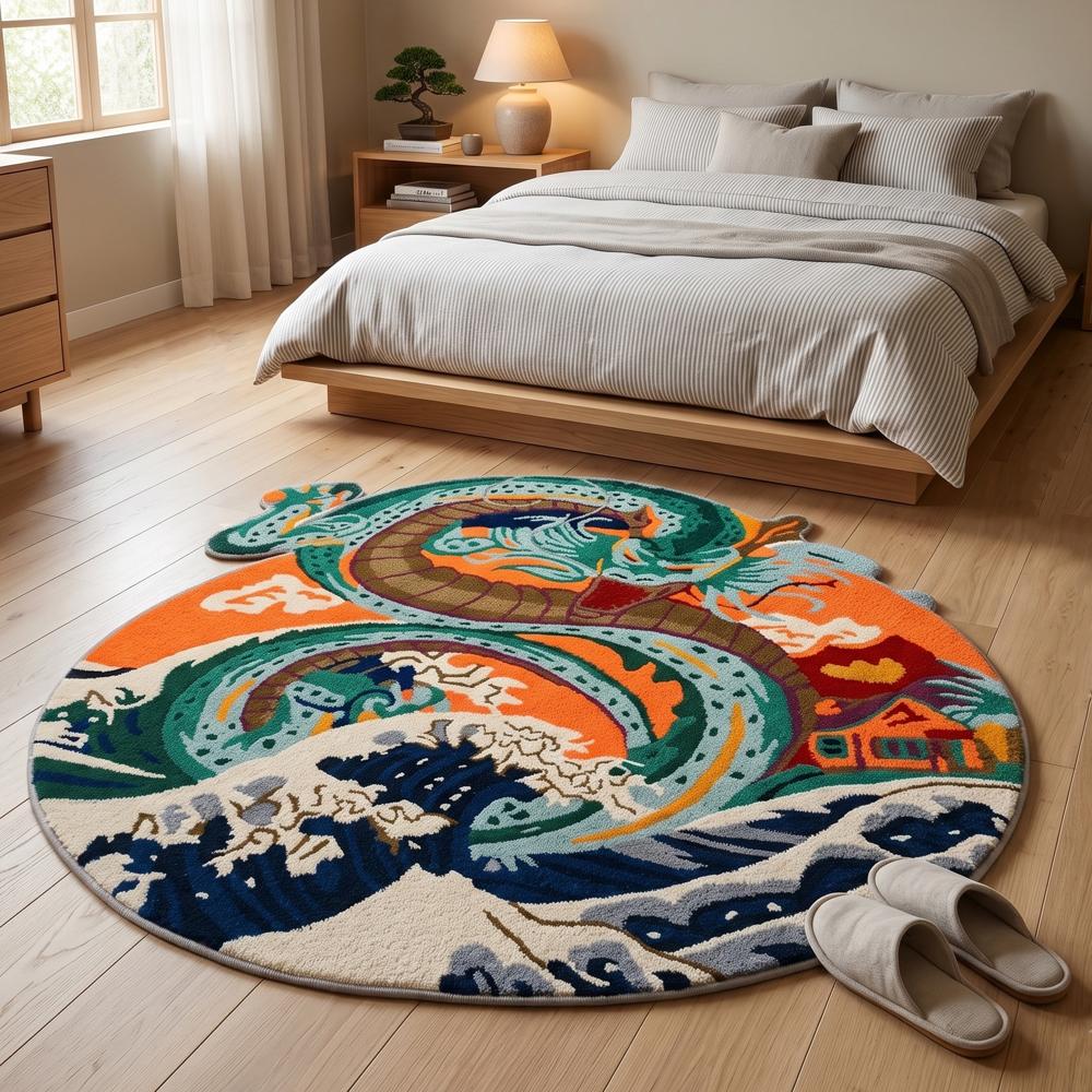 Hand-Tufted Japanese Dragon & Great Wave Round Wool Rug