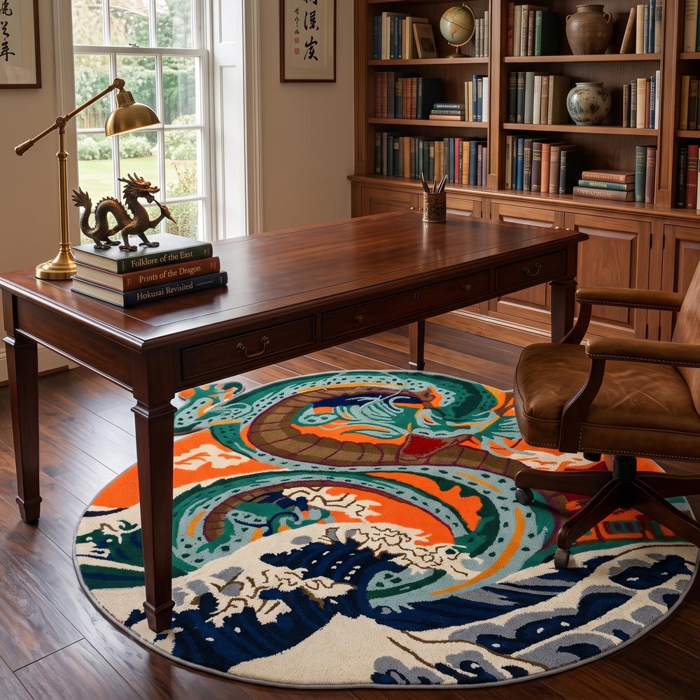 Hand-Tufted Japanese Dragon & Great Wave Round Wool Rug