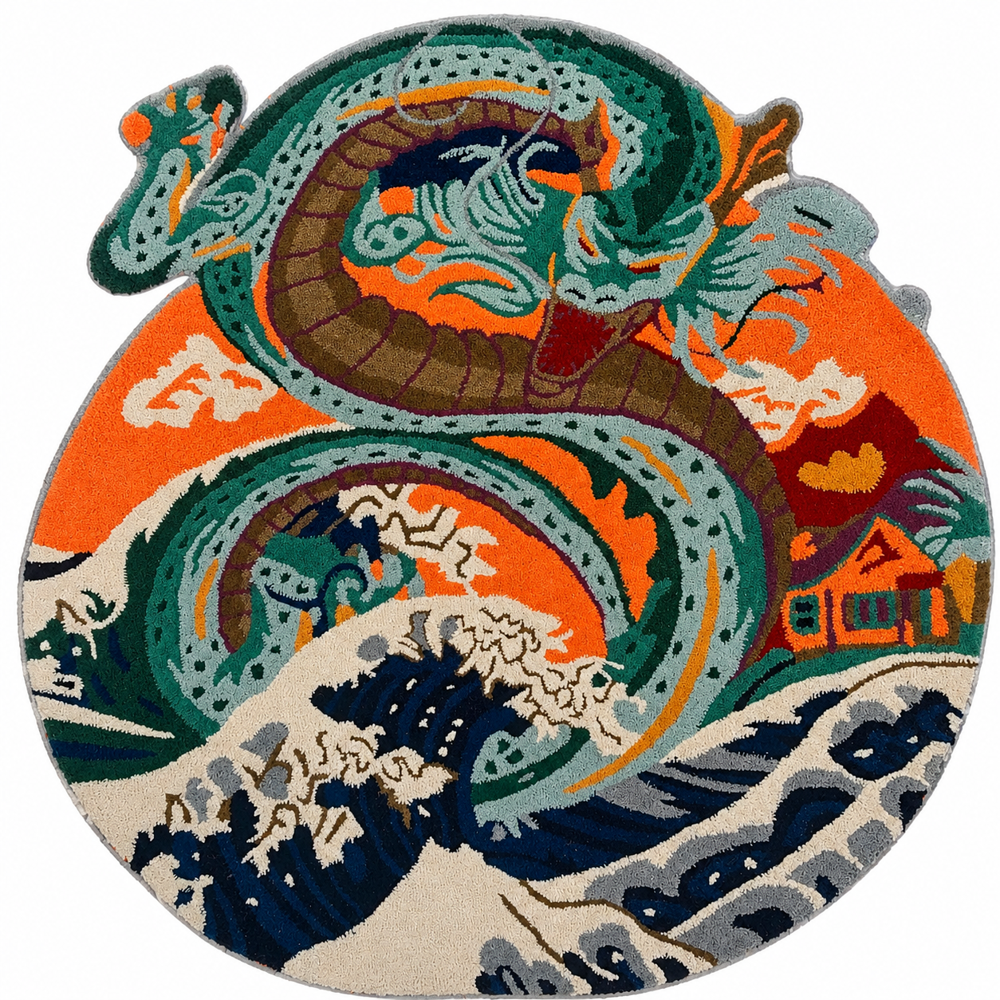 Hand-Tufted Japanese Dragon & Great Wave Round Wool Rug