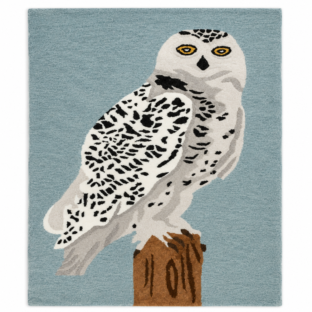 Handmade Snowy Owl Tufted Wool Area Rug - Slate Blue Background - Backing Material: Canvas Latex