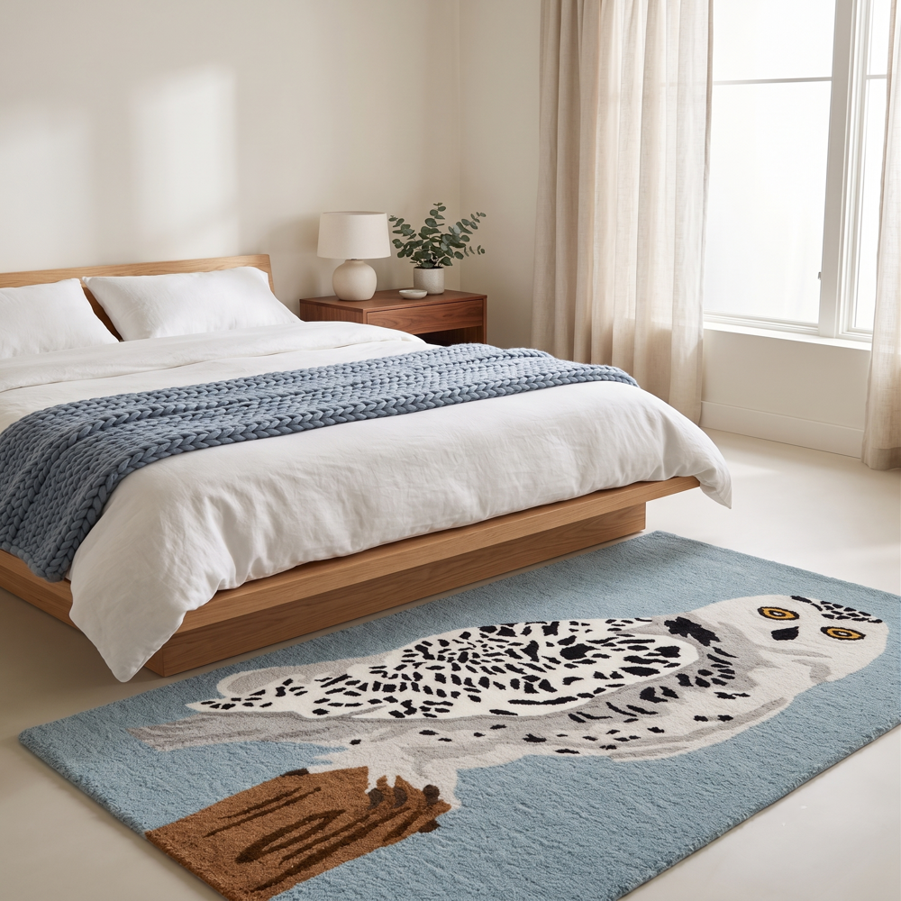 Handmade Snowy Owl Tufted Wool Area Rug - Slate Blue Background