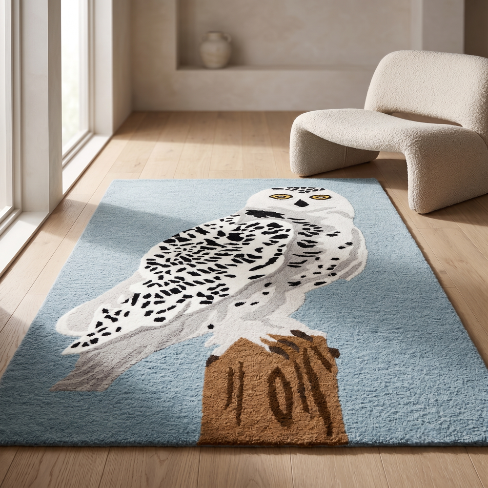 Handmade Snowy Owl Tufted Wool Area Rug - Slate Blue Background