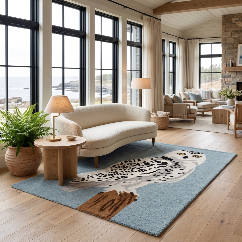 Handmade Snowy Owl Tufted Wool Area Rug - Slate Blue Background
