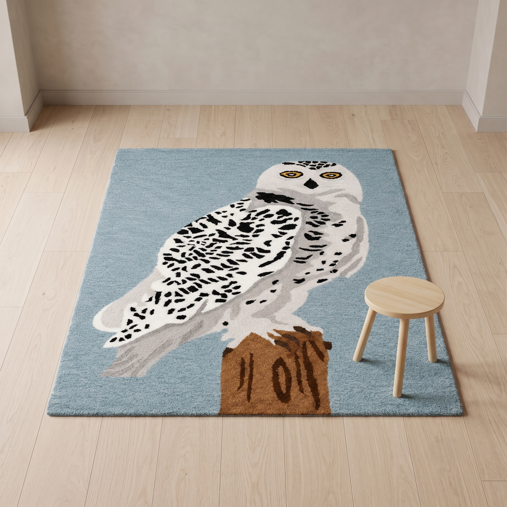 Handmade Snowy Owl Tufted Wool Area Rug - Slate Blue Background