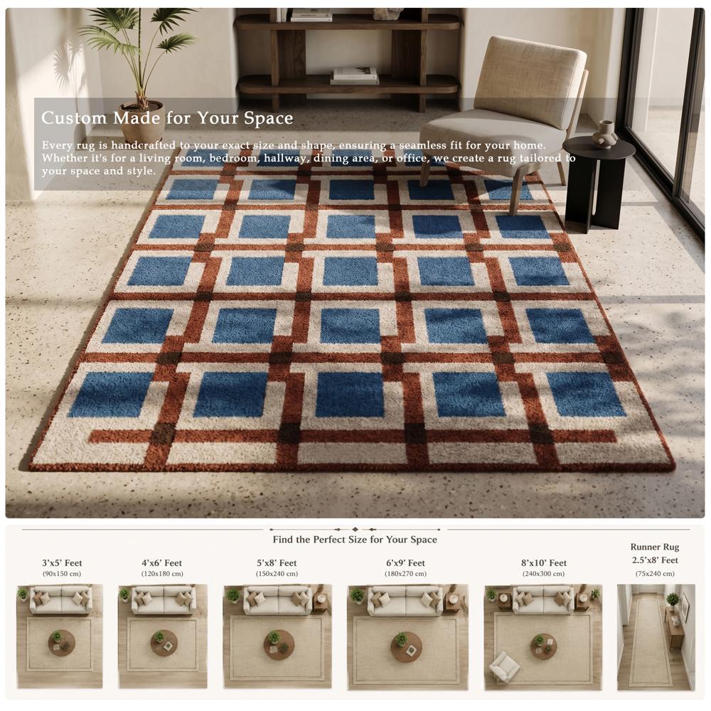 Handmade Modern Geometric Block Tufted Wool Area Rug - Blue & Terracotta
