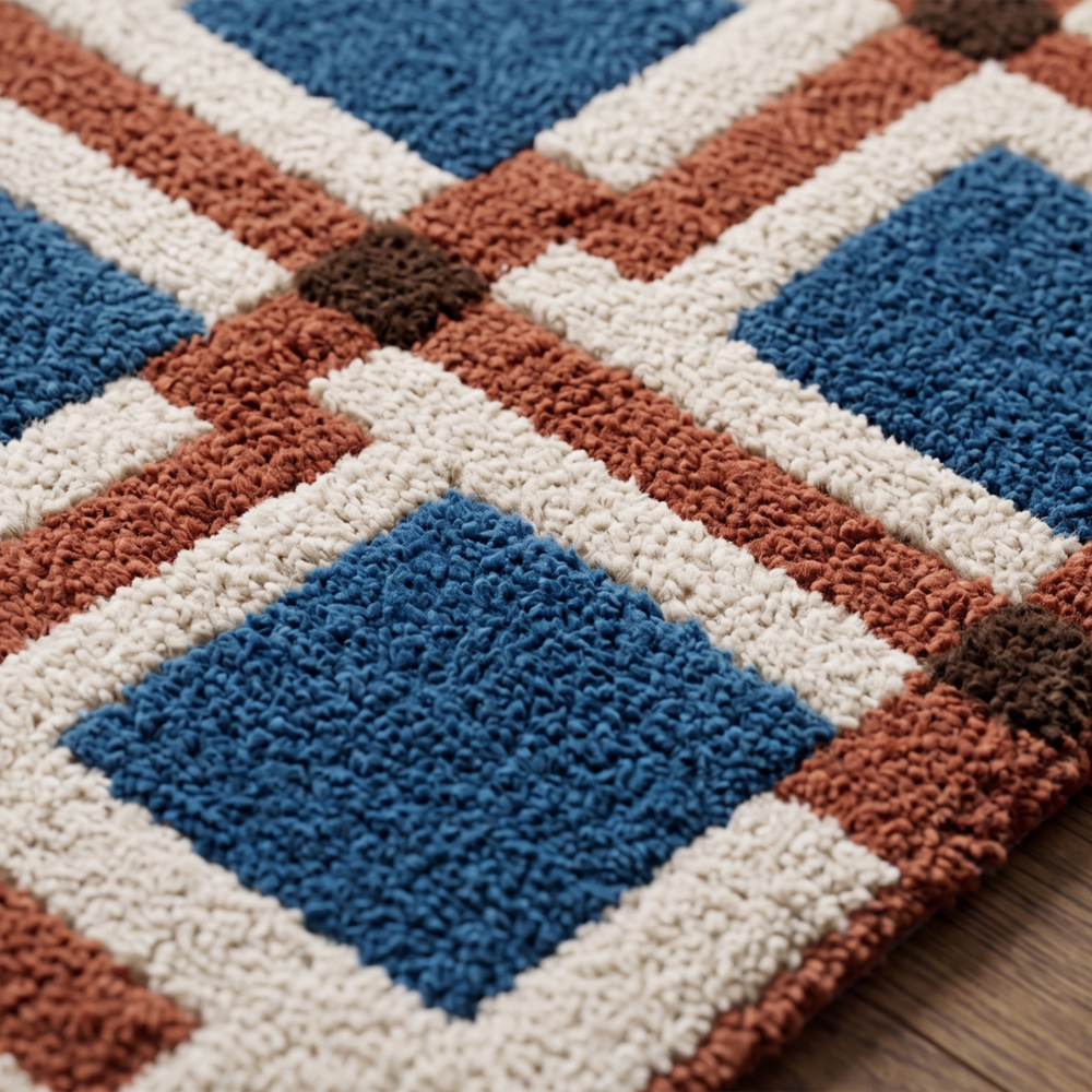 Handmade Modern Geometric Block Tufted Wool Area Rug - Blue & Terracotta