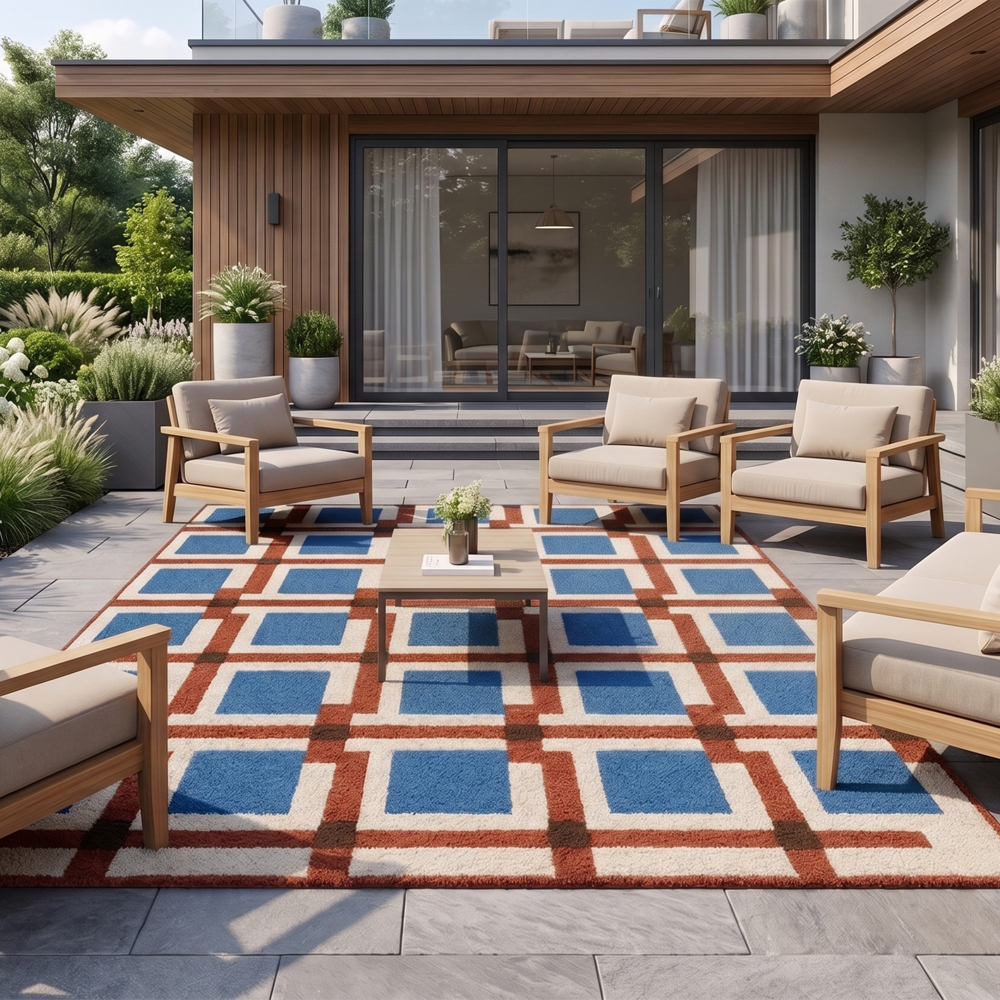Handmade Modern Geometric Block Tufted Wool Area Rug - Blue & Terracotta