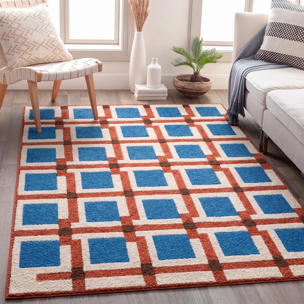 Handmade Modern Geometric Block Tufted Wool Area Rug - Blue & Terracotta