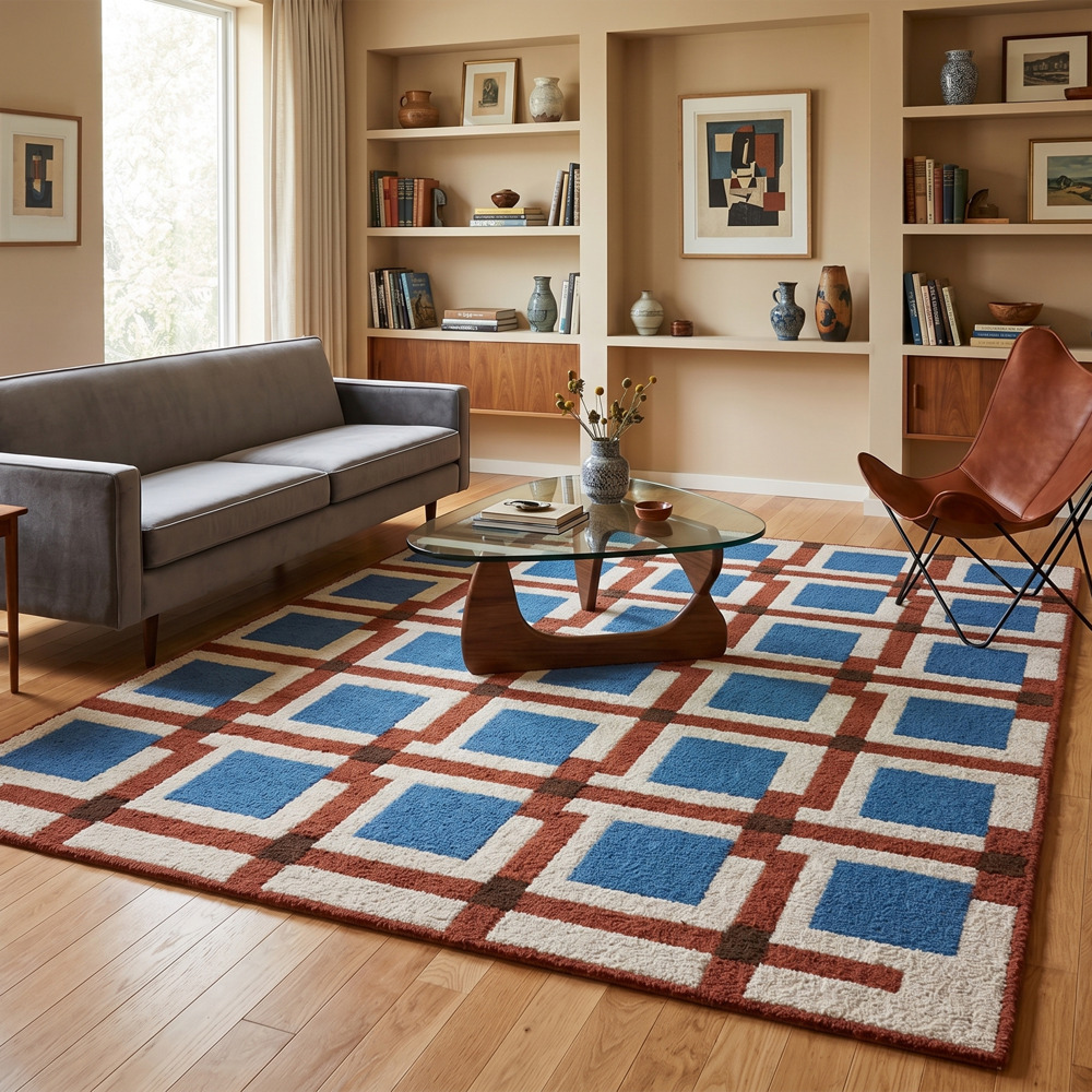 Handmade Modern Geometric Block Tufted Wool Area Rug - Blue & Terracotta
